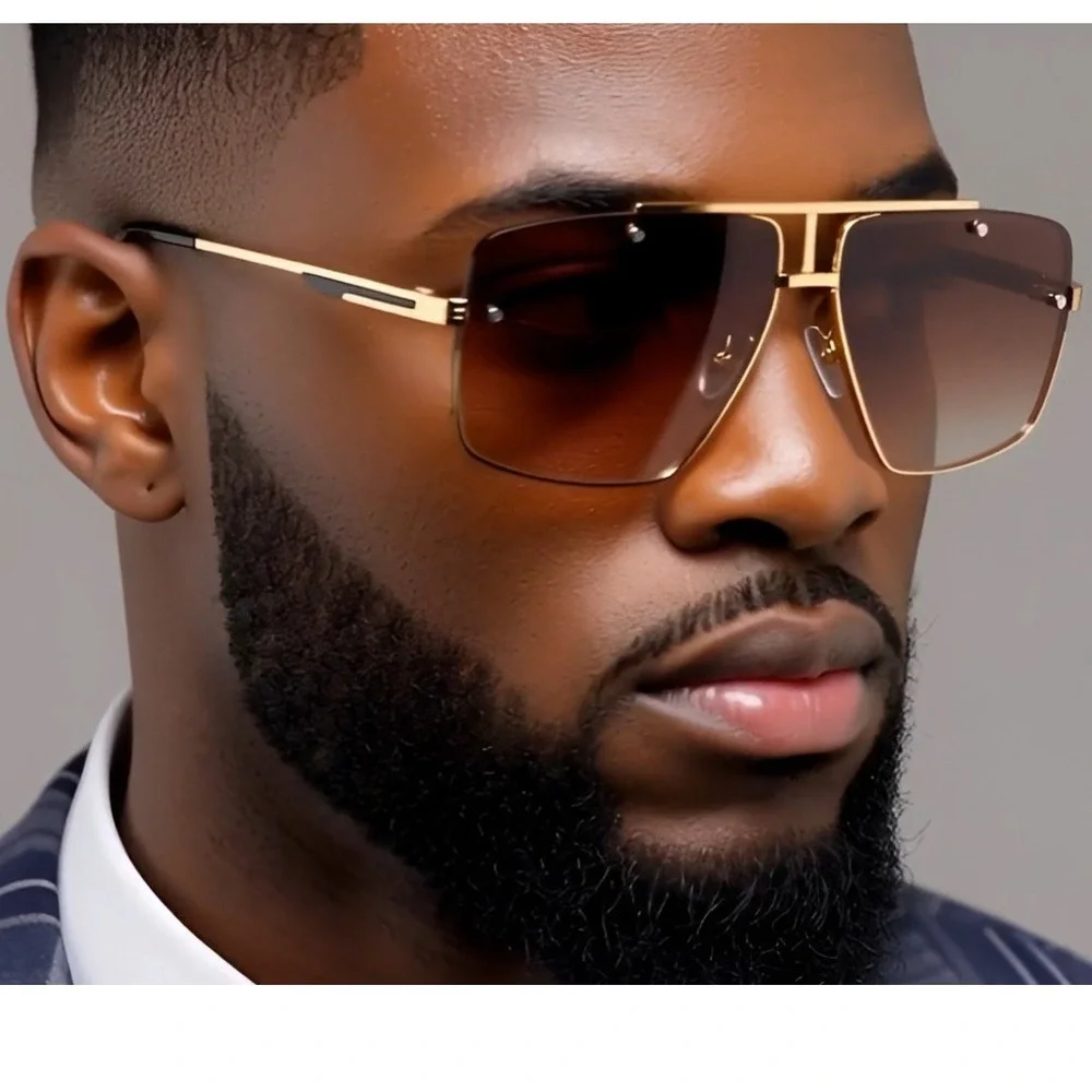 Sunglasses Brown Lens Men's Fashion Rimless Square Gold Accents UV400 Lentes New